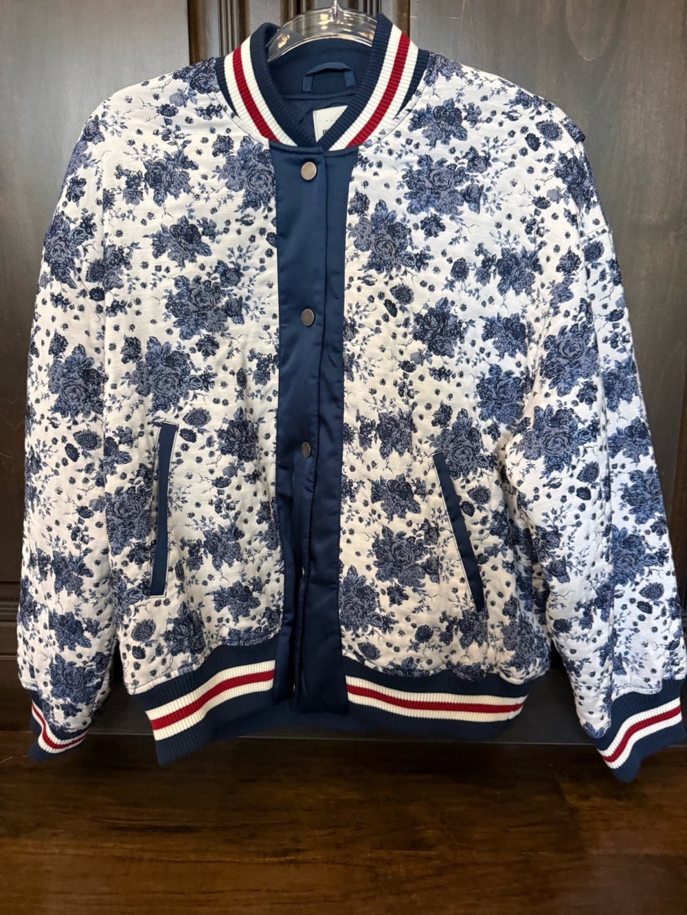 Maeve Floral Quilted Bomber Jacket in Navy & White - Picture 4 of 15